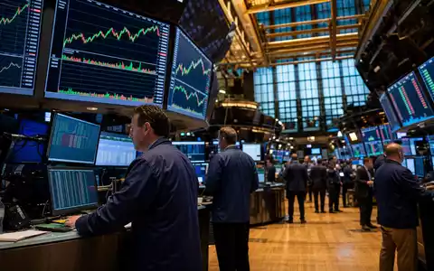 Hewlett Packard Enterprise US42824C1099 an der NYSE: Börsenhändler vor Tech-Sektor-Kursdiagrammen auf großen Bildschirmen - Foto: THN