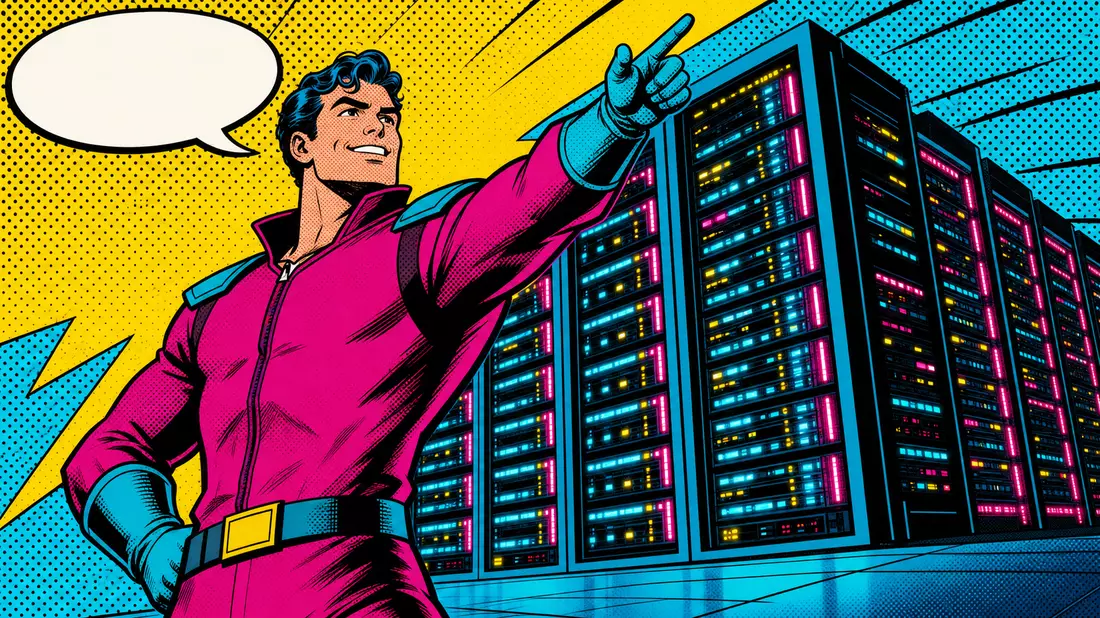Pop-Art-Comic: Held zeigt auf riesige Serverracks, IT-Infrastruktur US42824C1099