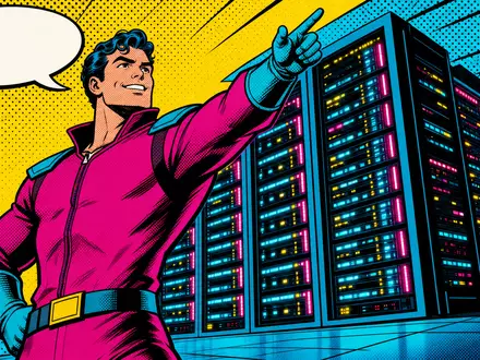Hewlett Packard Enterprise US42824C1099 als Pop-Art-Comic mit buntem Techniker-Helden vor leuchtenden Enterprise-Serverracks - Foto: THN