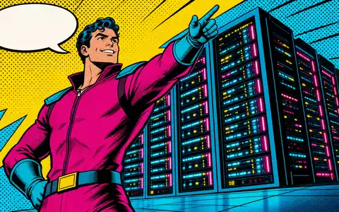 Hewlett Packard Enterprise US42824C1099 als Pop-Art-Comic mit buntem Techniker-Helden vor leuchtenden Enterprise-Serverracks - Foto: THN