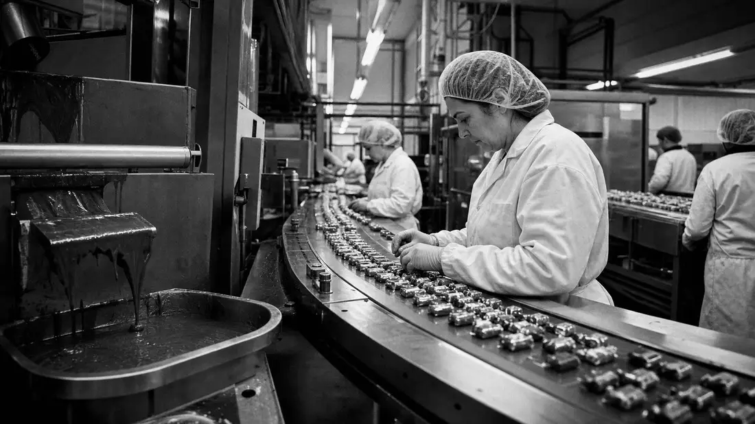 Schwarz-Weiß-Reportagefoto von Fabrikarbeitern am Förderband einer Schokoladenproduktionslinie