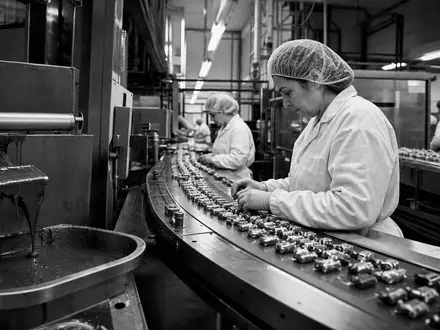 Hershey Company US4278661081 in schwarzweißer Reportage zeigt Arbeiter an der Produktionslinie einer Schokoladenfabrik - Foto: THN