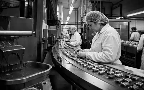 Hershey Company US4278661081 in schwarzweißer Reportage zeigt Arbeiter an der Produktionslinie einer Schokoladenfabrik - Foto: THN