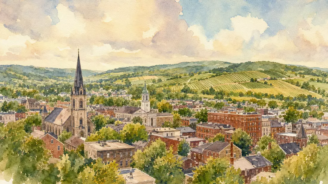 Aquarellmalerei der Kleinstadt Hershey Pennsylvania mit Kirchturm, Backsteingebäuden und sanften Hügeln