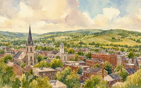 Hershey Company US4278661081 in Aquarellmalerei zeigt die Kleinstadt Hershey mit Kirchturm und grünen Hügeln - Foto: THN