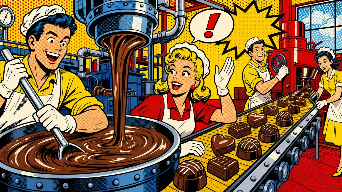 Pop-Art-Comic-Illustration mit Fabrikarbeitern an Schokoladenmaschinen, Halftone-Punkten und leuchtenden Primärfarben
