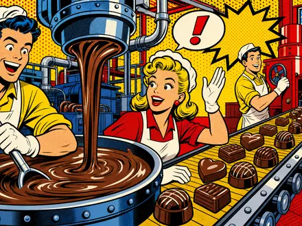 Hershey Company US4278661081 im Pop Art Comic zeigt Fabrikarbeiter an Schokoladenmaschinen mit bunten Halftone Mustern - Foto: THN