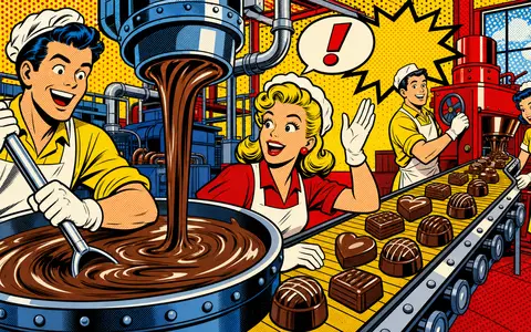 Hershey Company US4278661081 im Pop Art Comic zeigt Fabrikarbeiter an Schokoladenmaschinen mit bunten Halftone Mustern - Foto: THN