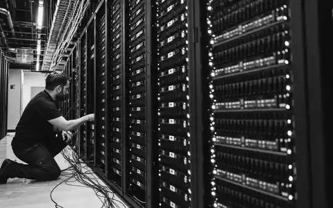 Seagate Technology (IE00B58PMW19): dokumentarische Schwarzweiß-Reportage eines Technikers an einem großen Speicher-Server-Rack im Rechenzentrum - Foto: THN