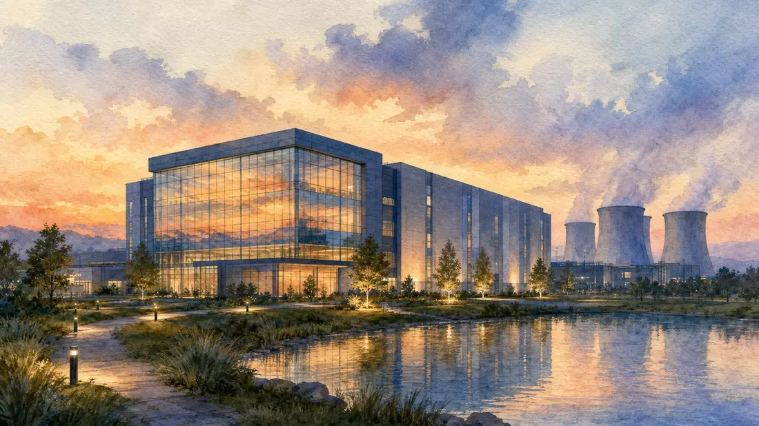 Aquarellmalerei eines Rechenzentrum-Gebäudes mit Glasfassade bei Sonnenuntergang