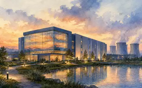 Seagate Technology (IE00B58PMW19): stimmungsvolle Aquarell-Darstellung eines modernen Rechenzentrums-Campus in warmem, goldenem Abendlicht mit Teich - Foto: THN