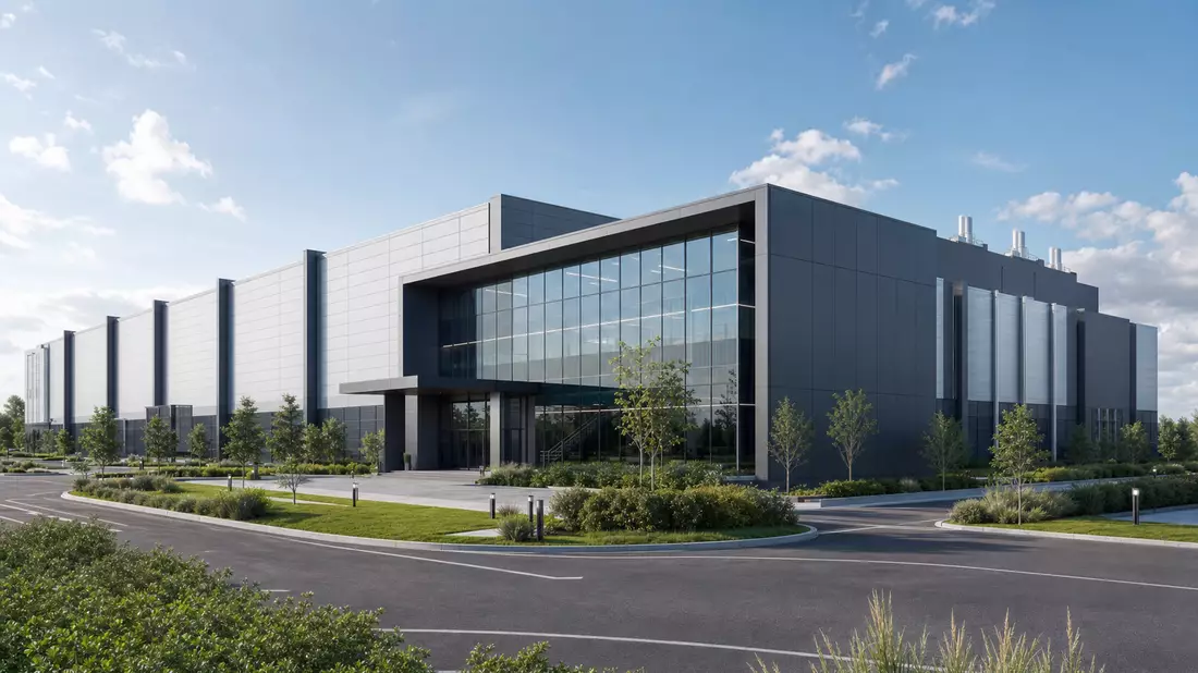 3D-Architekturrender eines modernen Rechenzentrumsgebäudes mit Glas- und Metallfassade