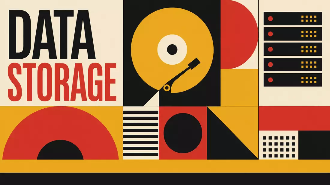Bauhaus-Poster mit geometrischen Formen, Festplattenmotiv und Schriftzug DATA STORAGE