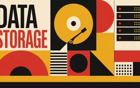 Seagate Technology (IE00B58PMW19): geometrisches Bauhaus-Poster mit stilisiertem Festplatten-Motiv, Serverblöcken und dem Schriftzug DATA STORAGE - Foto: THN