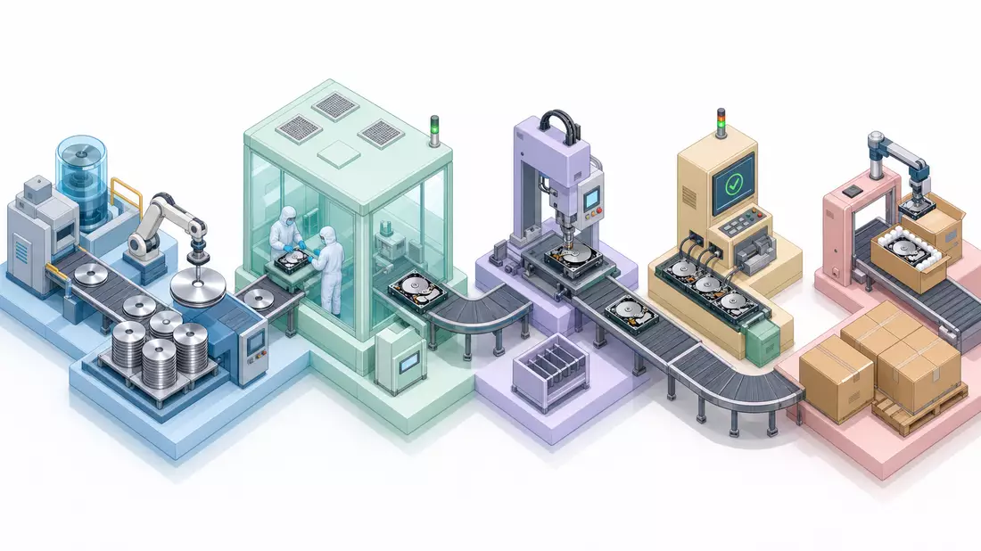 Isometrische 3D-Illustration einer Festplatten-Produktionslinie mit mehreren Fertigungsstationen