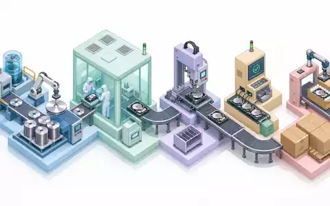 Seagate Technology (IE00B58PMW19): isometrische 3D-Grafik einer generischen Festplatten-Produktionslinie mit mehreren aufeinanderfolgenden Fertigungsstationen und Förderbändern - Foto: THN