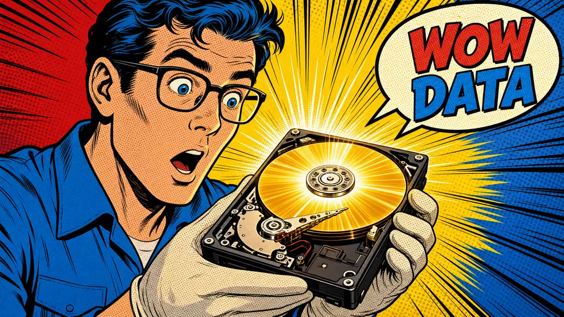 Pop-Art-Comic-Illustration eines Technikers mit leuchtender Festplatte und Sprechblase WOW DATA