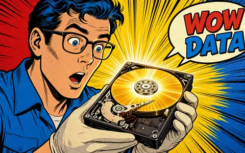 Seagate Technology (IE00B58PMW19): farbenfrohe Pop-Art-Comic-Szene mit staunendem Techniker, der eine leuchtende Festplatte präsentiert - Foto: THN