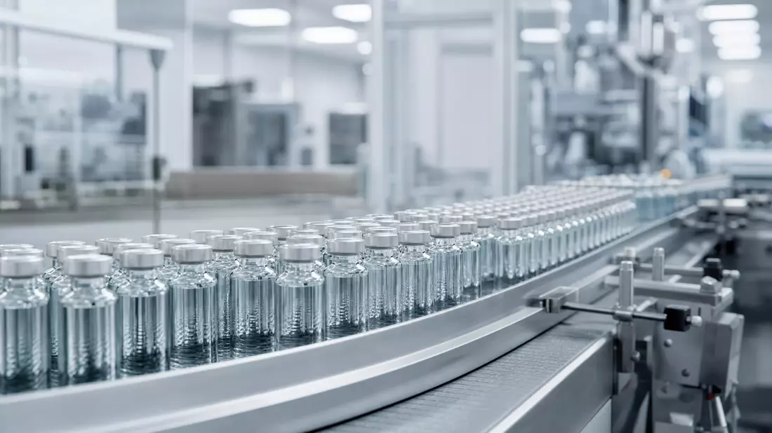 Pharma-Glasfläschchen auf Fließband in moderner Produktionsanlage
