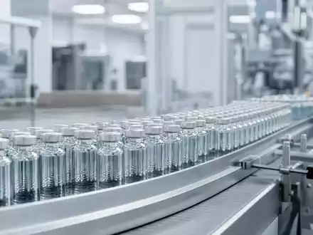 SCHOTT Pharma (DE000A3ENQ51) zeigt Glasfläschchen für Medikamente auf modernem Fließband in moderner sauberer Reinraumfertigungsanlage - Foto: THN