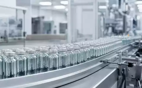 SCHOTT Pharma (DE000A3ENQ51) zeigt Glasfläschchen für Medikamente auf modernem Fließband in moderner sauberer Reinraumfertigungsanlage - Foto: THN