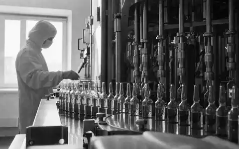 SCHOTT Pharma (DE000A3ENQ51) dokumentiert eine Ampullen-Abfüllanlage in dramatischer Schwarzweiß-Reportagefotografie mit einem Reinraumtechniker davor - Foto: THN