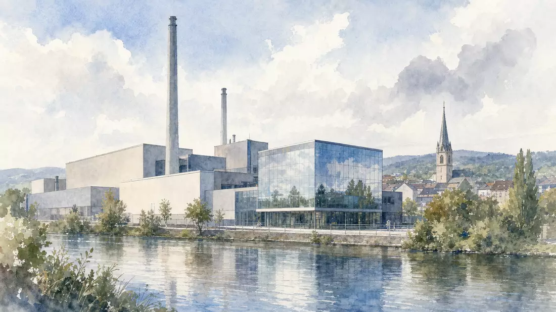 Aquarellmalerei eines Glasfabrik-Standorts an einem Fluss in Deutschland