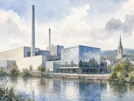 SCHOTT Pharma (DE000A3ENQ51) präsentiert einen Glasfabrik-Campus am Fluss in sanfter Aquarell-Malerei mit fernem Kirchturm - Foto: THN