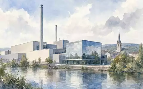 SCHOTT Pharma (DE000A3ENQ51) präsentiert einen Glasfabrik-Campus am Fluss in sanfter Aquarell-Malerei mit fernem Kirchturm - Foto: THN