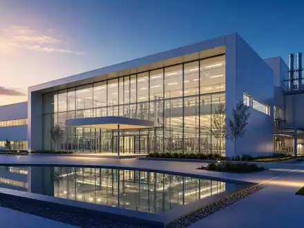 SCHOTT Pharma (DE000A3ENQ51) zeigt einen modernen Architektur-Render einer Pharmaverpackungsanlage bei Dämmerung mit großer Glasfassade - Foto: THN
