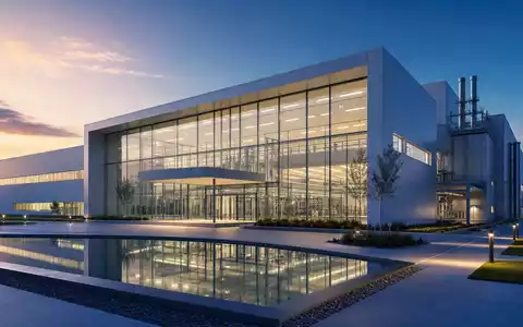 SCHOTT Pharma (DE000A3ENQ51) zeigt einen modernen Architektur-Render einer Pharmaverpackungsanlage bei DĂ€mmerung mit groĂer Glasfassade - Foto: THN