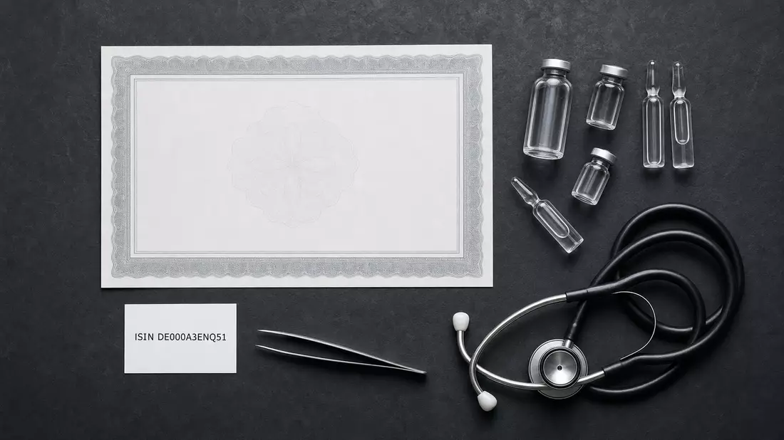 Flatlay-Arrangement mit Zertifikat, ISIN-Karte und Pharma-Glasfläschchen