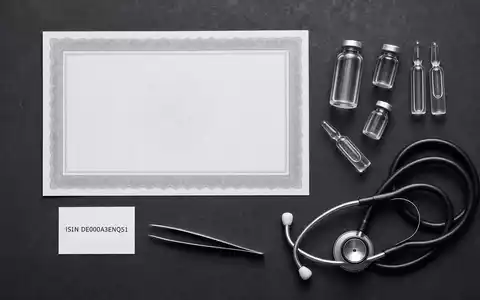 SCHOTT Pharma (DE000A3ENQ51) Flatlay mit Aktienzertifikat, ISIN-Karte, Glasfläschchen und medizinischen Utensilien sorgfältig arrangiert dargestellt - Foto: THN