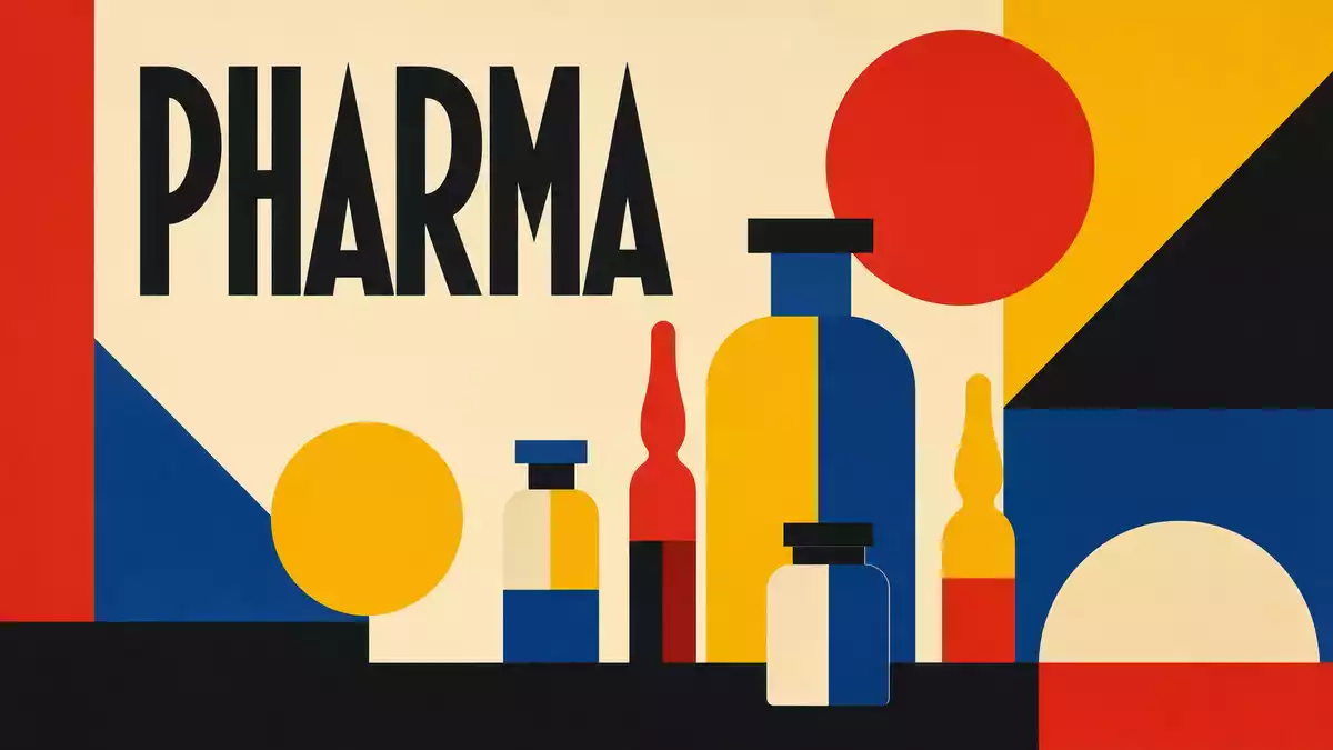 Bauhaus-Poster mit geometrischen Formen und Glasfläschchen-Motiven
