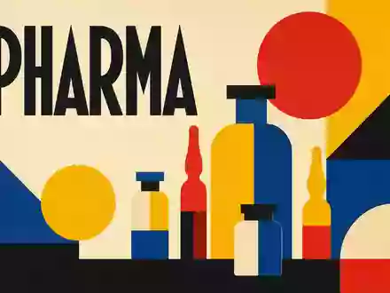 SCHOTT Pharma (DE000A3ENQ51) inspiriert ein Bauhaus-Poster mit geometrischen Formen, bunten Glasfläschchen und dem Schriftzug PHARMA - Foto: THN