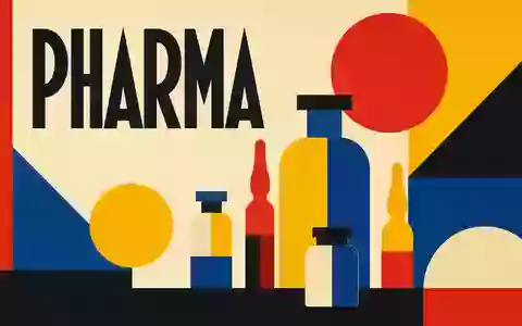 SCHOTT Pharma (DE000A3ENQ51) inspiriert ein Bauhaus-Poster mit geometrischen Formen, bunten Glasfläschchen und dem Schriftzug PHARMA - Foto: THN