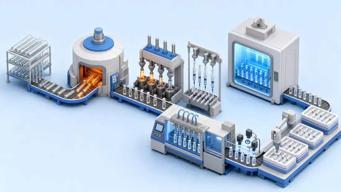 Isometrische 3D-Illustration der Wertschöpfungskette für Pharmaglasverpackung