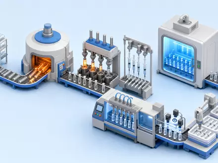 SCHOTT Pharma (DE000A3ENQ51) illustriert die isometrische Wertschöpfungskette vom rohen Glasrohr bis zur fertigen Fertigspritze - Foto: THN