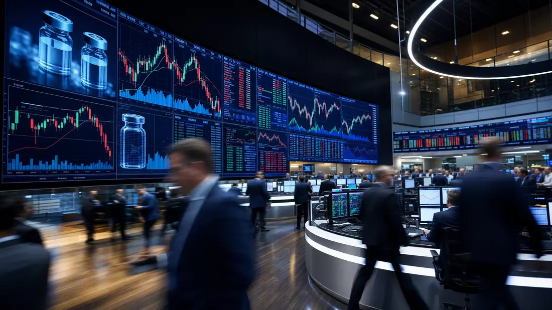 Börsenparkett in Frankfurt mit Kursdiagrammen und Pharma-Symbolen