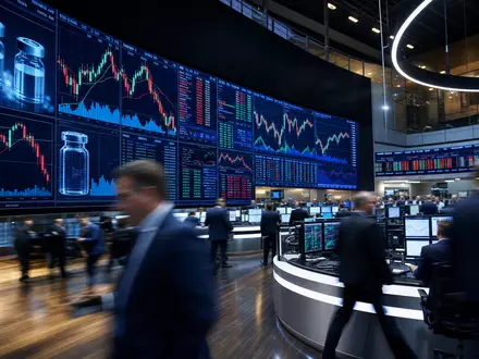 SCHOTT Pharma (DE000A3ENQ51) zeigt das Frankfurter Börsenparkett mit Charts und kleinen Glasfläschchen-Symbolen auf großen Bildschirmen - Foto: THN