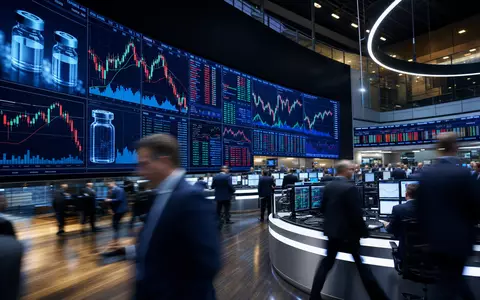 SCHOTT Pharma (DE000A3ENQ51) zeigt das Frankfurter Börsenparkett mit Charts und kleinen Glasfläschchen-Symbolen auf großen Bildschirmen - Foto: THN