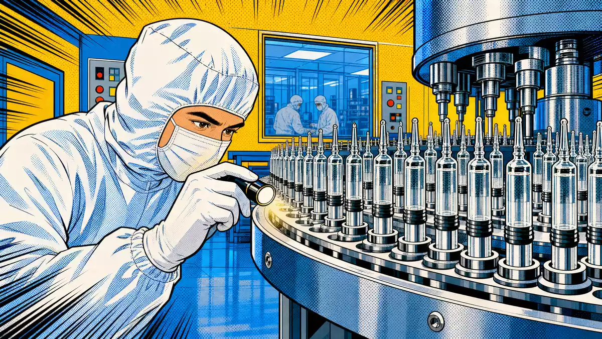 Pop-Art-Comic zeigt Techniker im Reinraum an Fertigspritzen-Karussell