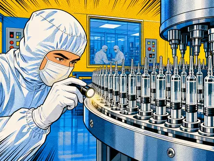 SCHOTT Pharma (DE000A3ENQ51) inszeniert einen Pop-Art-Comic mit Techniker am Fertigspritzen-Karussell in einem sterilen Reinraum - Foto: THN