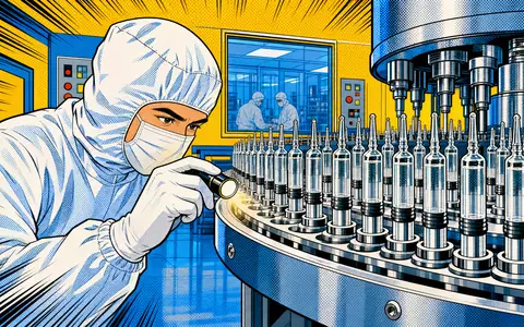 SCHOTT Pharma (DE000A3ENQ51) inszeniert einen Pop-Art-Comic mit Techniker am Fertigspritzen-Karussell in einem sterilen Reinraum - Foto: THN