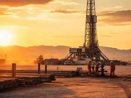 Schlumberger NV Bohrturm bei Sonnenuntergang im Ölfeld, ISIN US06520E1029, Arbeiter am Bohrkopf tätig - Foto: THN
