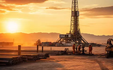 Schlumberger NV Bohrturm bei Sonnenuntergang im Ölfeld, ISIN US06520E1029, Arbeiter am Bohrkopf tätig - Foto: THN
