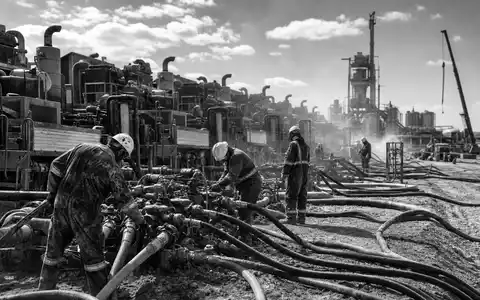 Schlumberger NV Fracking-Anlage in Schwarzweiß-Reportage, ISIN US06520E1029, Team an Pumpwagen im Einsatz - Foto: THN