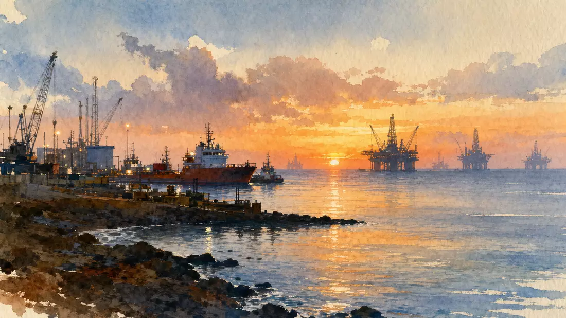 Aquarellmalerei einer Küste mit Offshore-Bohrplattformen bei Abenddämmerung