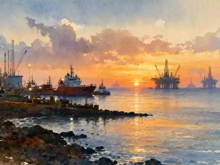 Schlumberger NV Küstenlandschaft mit Offshore-Plattformen in Aquarell-Optik, ISIN US06520E1029, Sonnenuntergang am Hafen - Foto: THN