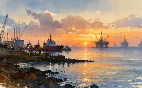 Schlumberger NV Küstenlandschaft mit Offshore-Plattformen in Aquarell-Optik, ISIN US06520E1029, Sonnenuntergang am Hafen - Foto: THN